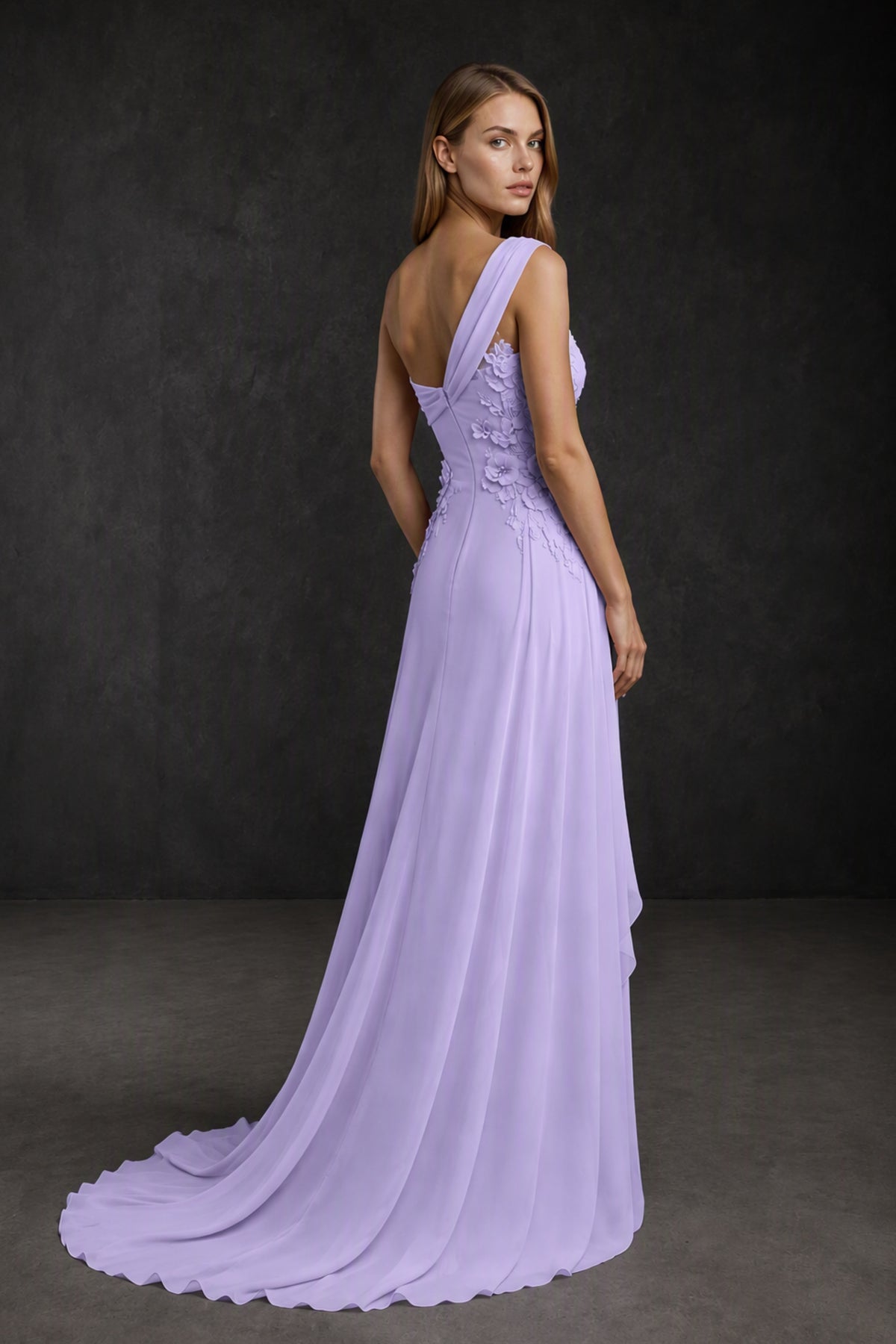 BOLODOO Lilac One-Shoulder 3D Floral Appliqué Chiffon Gown with Open Back - Lilac