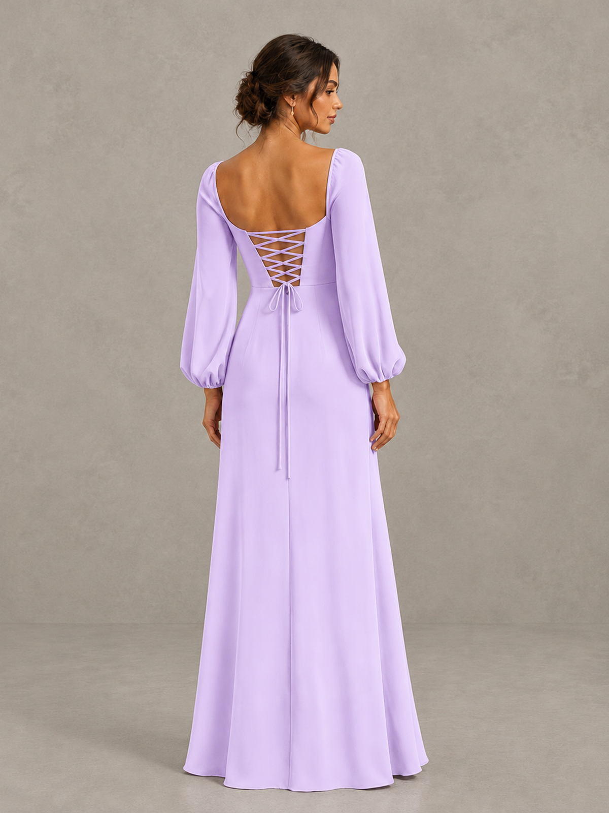 BOLODOO Lilac Square Neck Long Sleeve Bridesmaid Dress with High Slit - Lilac - Lilac_2