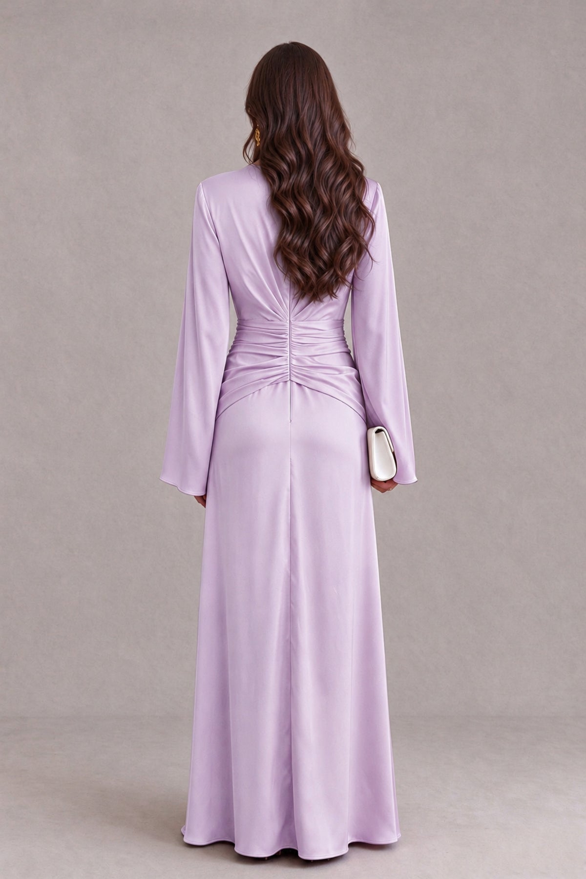 BOLODOO Lilac Yellow Satin-Look V-Neck Long Bell Sleeve Evening Dress - Lilac - Lilac_2