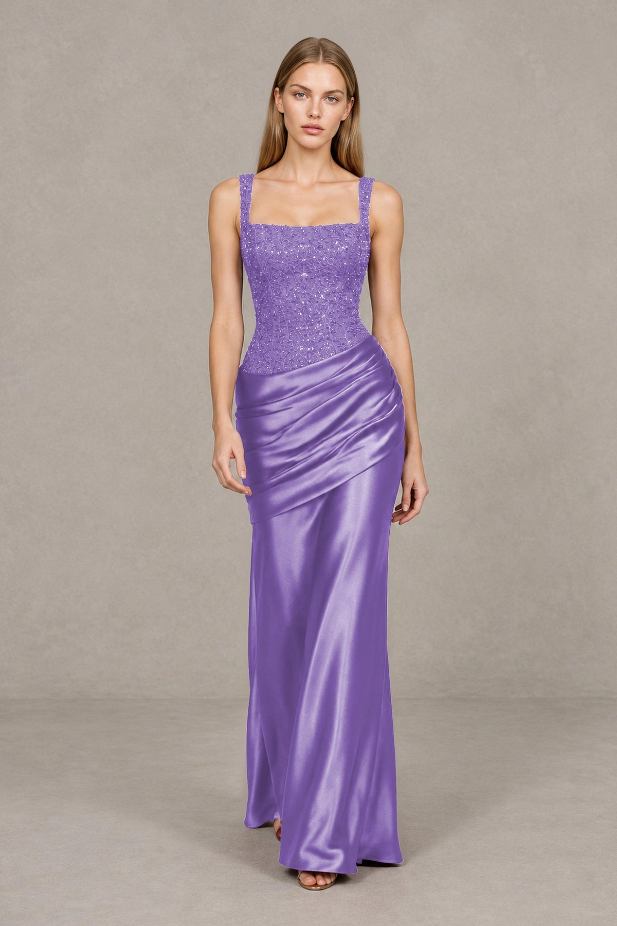 BOLODOO Lilac Square Neck Embellished Satin Evening Gown - Lilac