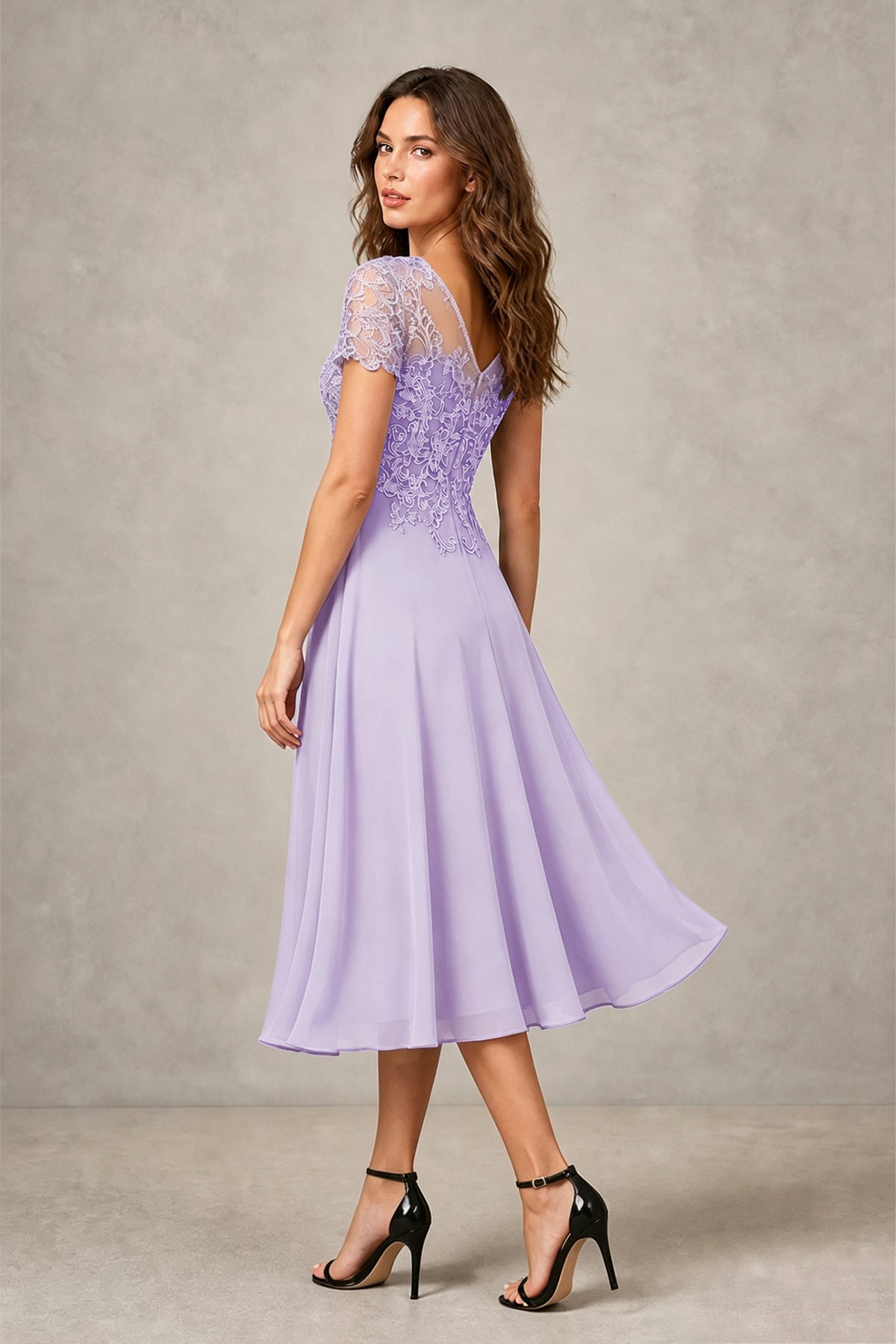 BOLODOO Steel Lilac Beaded Lace Illusion Bodice Chiffon Tea-Length Dress | Mother of the Bride & Cocktail Party - Lilac