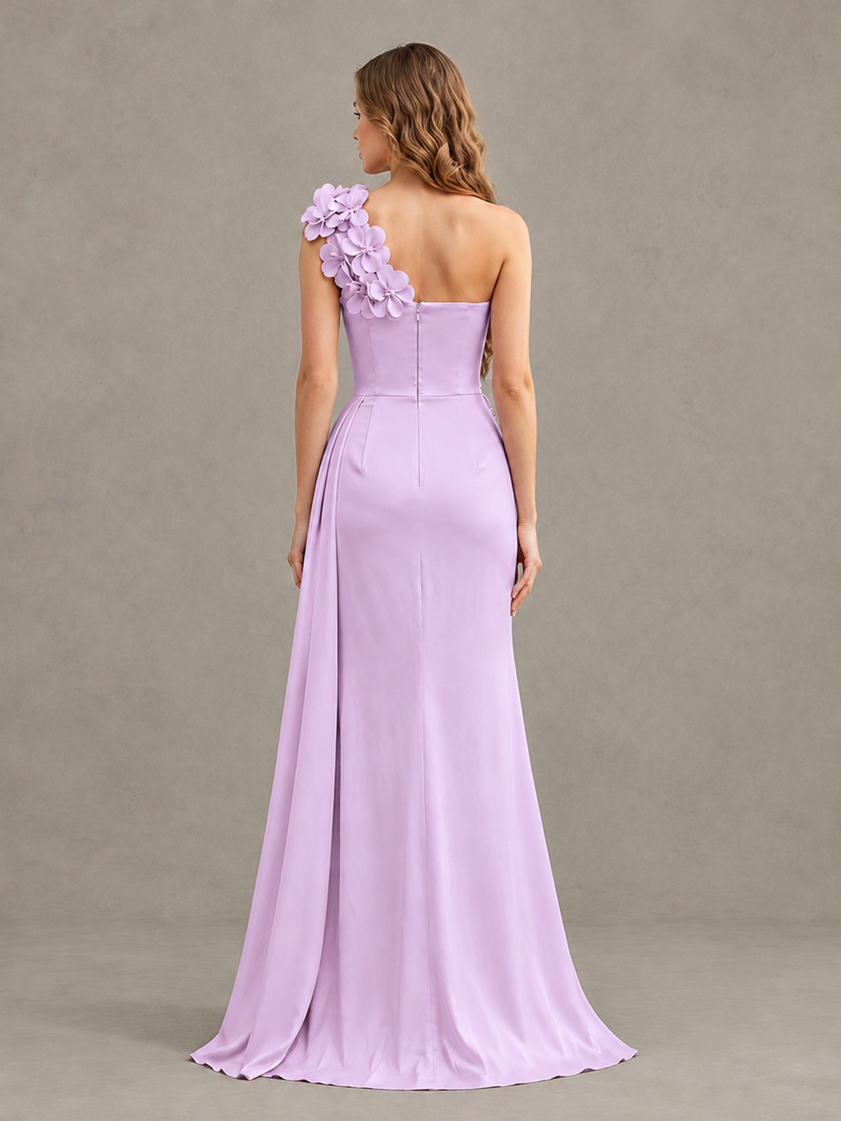 BOLODOO Lilac One-Shoulder Satin Mermaid Evening Gown with 3D Floral Appliqué - Lilac - Lilac_2