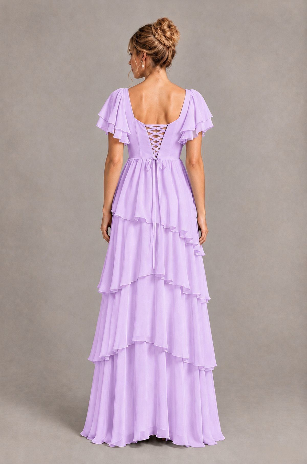 BOLODOO Lilac Square Neck Flutter Sleeve Tiered Chiffon Bridesmaid Dress with Lace-Up Back - Lilac - Lilac_2