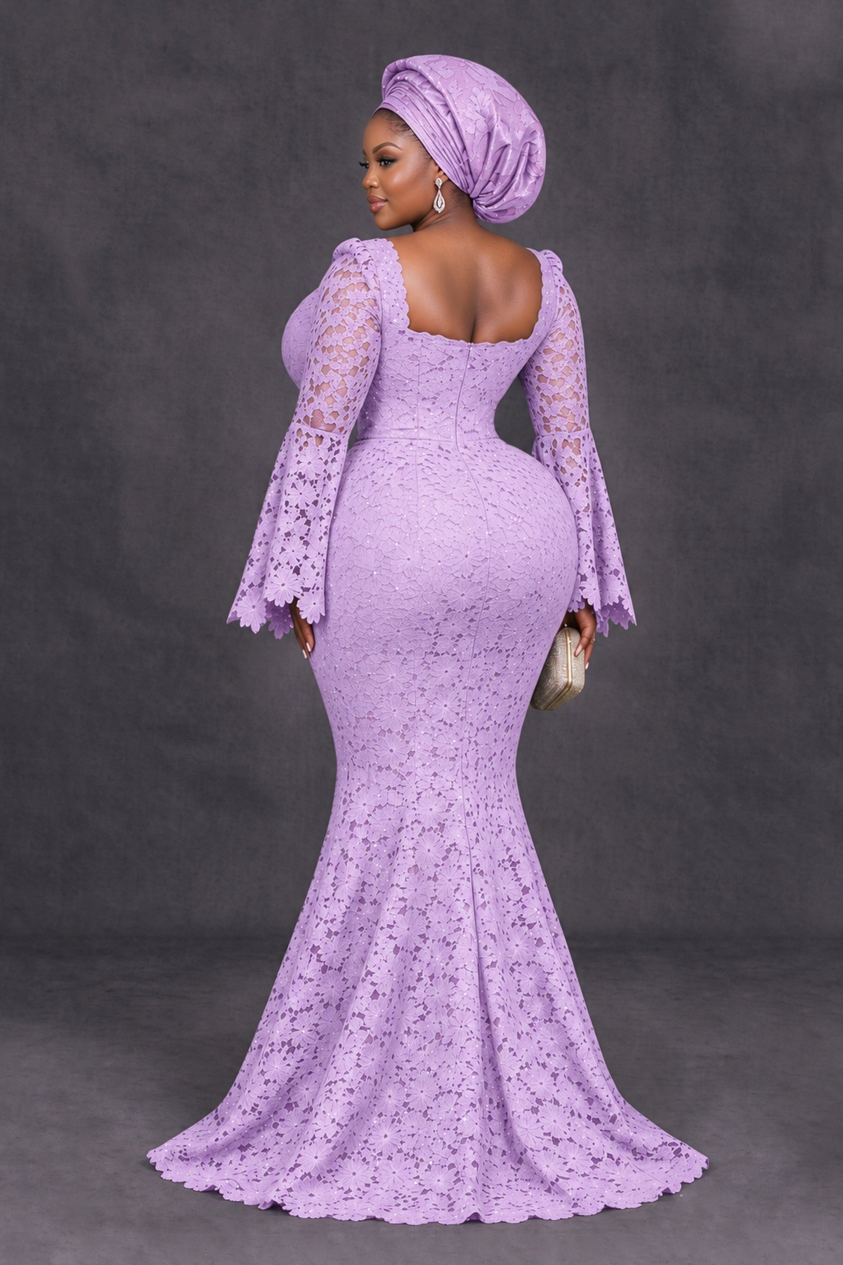 BOLODOO Lilac African Lace Mermaid Dress, Plus Size Nigerian Wedding Guest Gown with Bell Sleeves - Lilac - Lilac_2