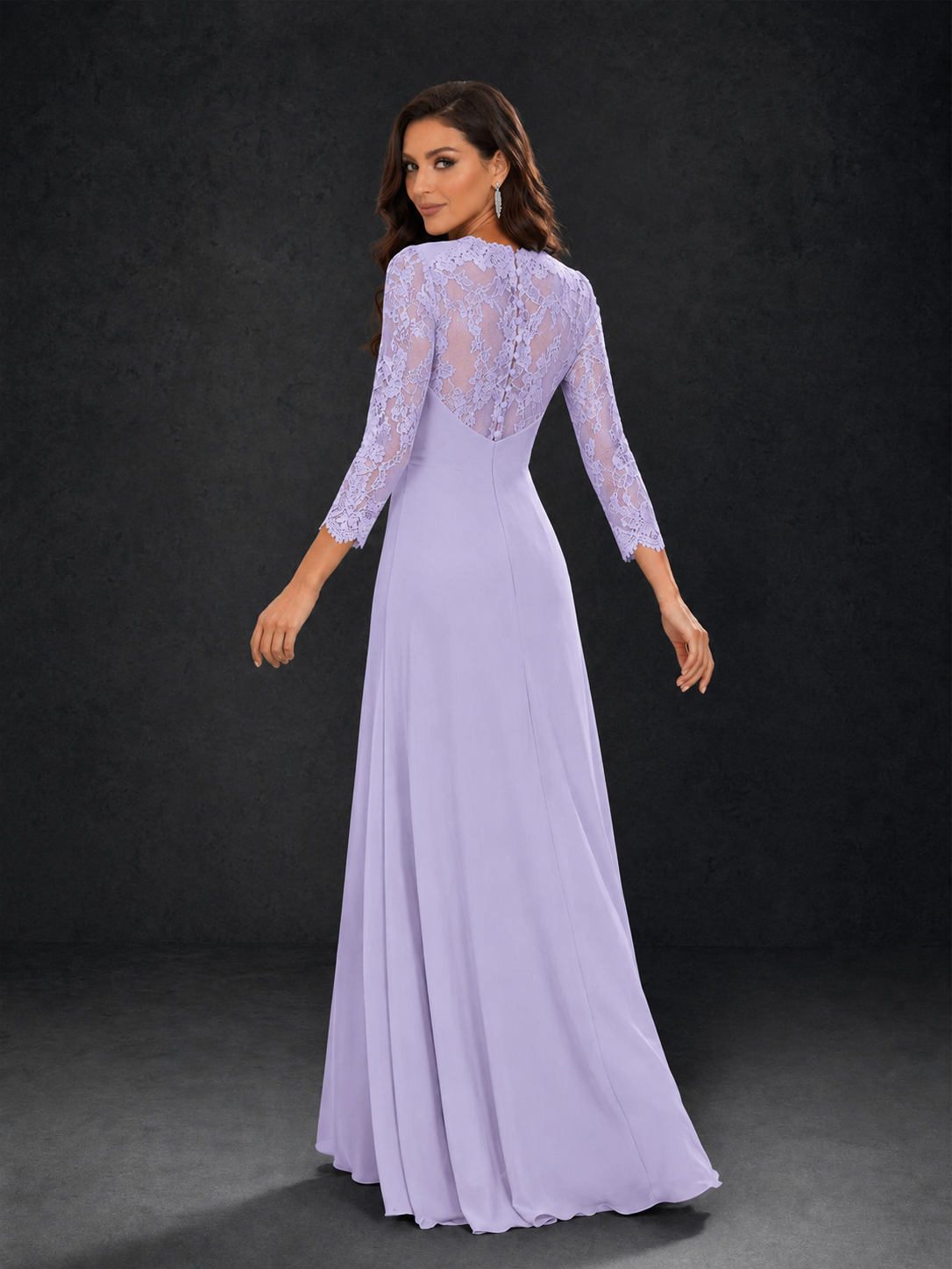 BOLODOO Lilac Lace Sleeve V-Neck Floral Waist Chiffon A-Line Maxi Dress - Lilac