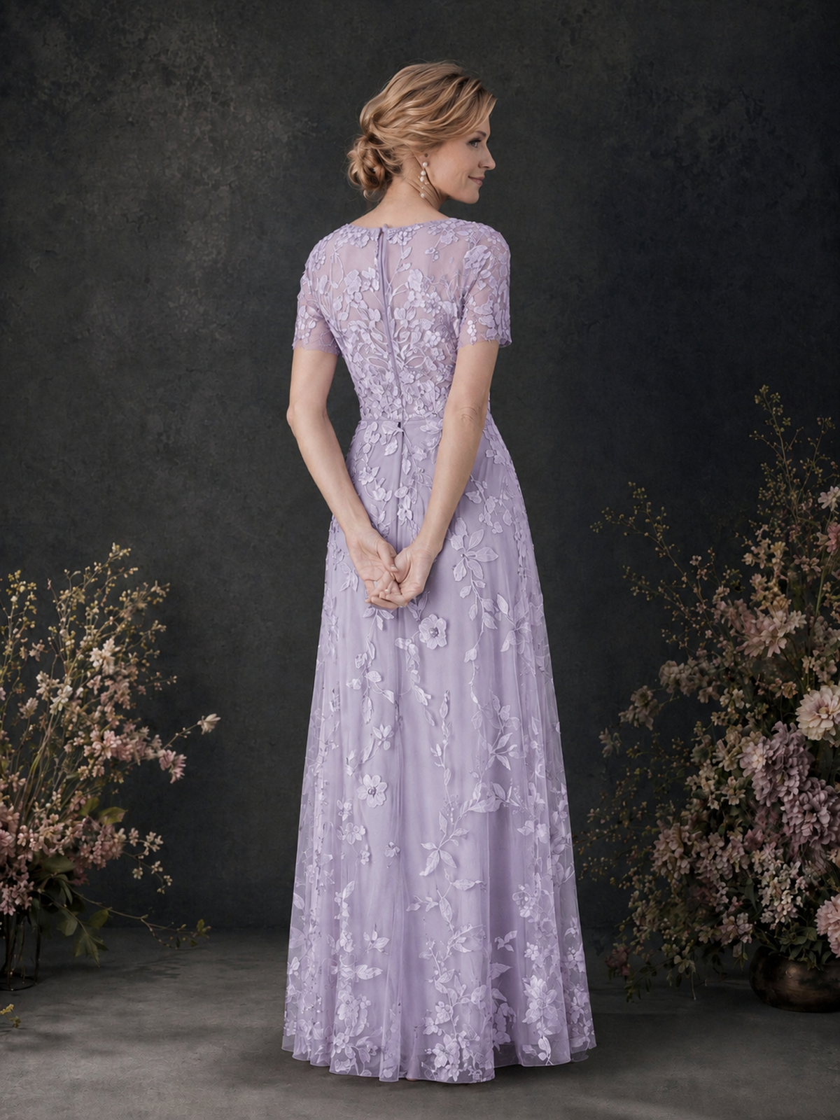 BOLODOO Lilac 3D Floral Embroidered Lace V-Neck Short Sleeve A-Line Maxi Dress - Lilac
