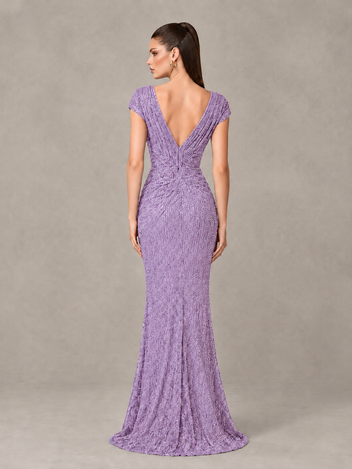 BOLODOO Lilac Glitter V-Neck Cap Sleeve Ruched Mermaid Evening Gown - Lilac - Lilac_2