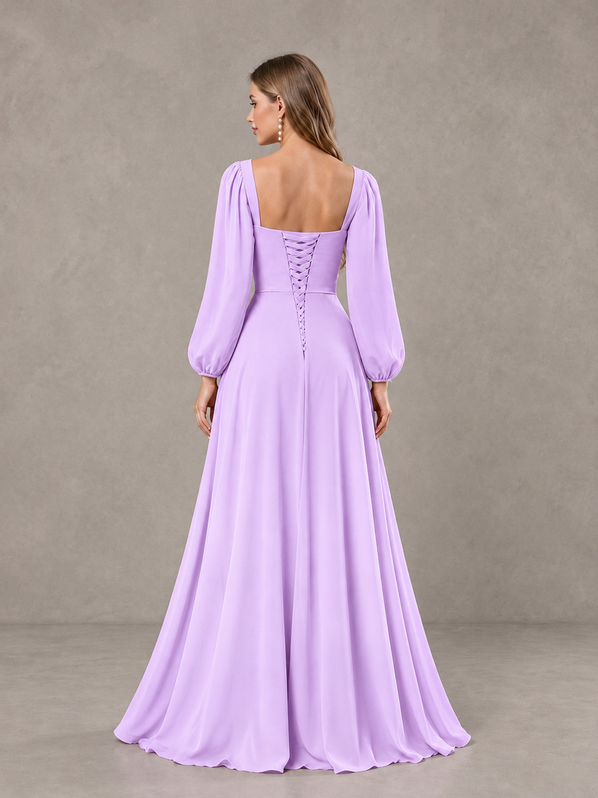 BOLODOO Lilac Square Neck Long Sleeve Bridesmaid Dress with Ruffle Slit - Lilac - Lilac_2