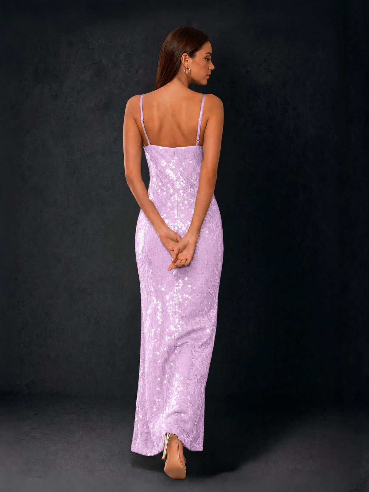 BOLODOO Bronze Sequin Cowl Neck Spaghetti Strap Mermaid Maxi Dress with Open Criss-Cross Back - Lilac - Lilac