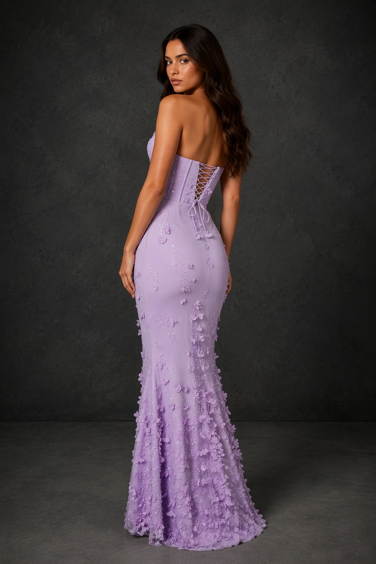 BOLODOO Lilac 3D Floral Sequin Corset Strapless Mermaid Gown - Lilac