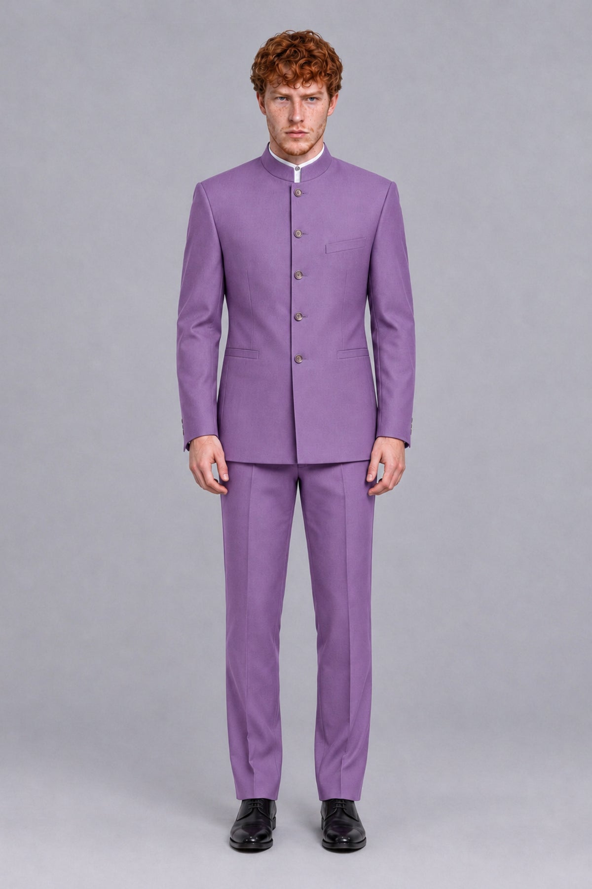 BOLODOO Men's Lilac Mandarin Collar Two-Piece Suit - Lilac - Lilac_2