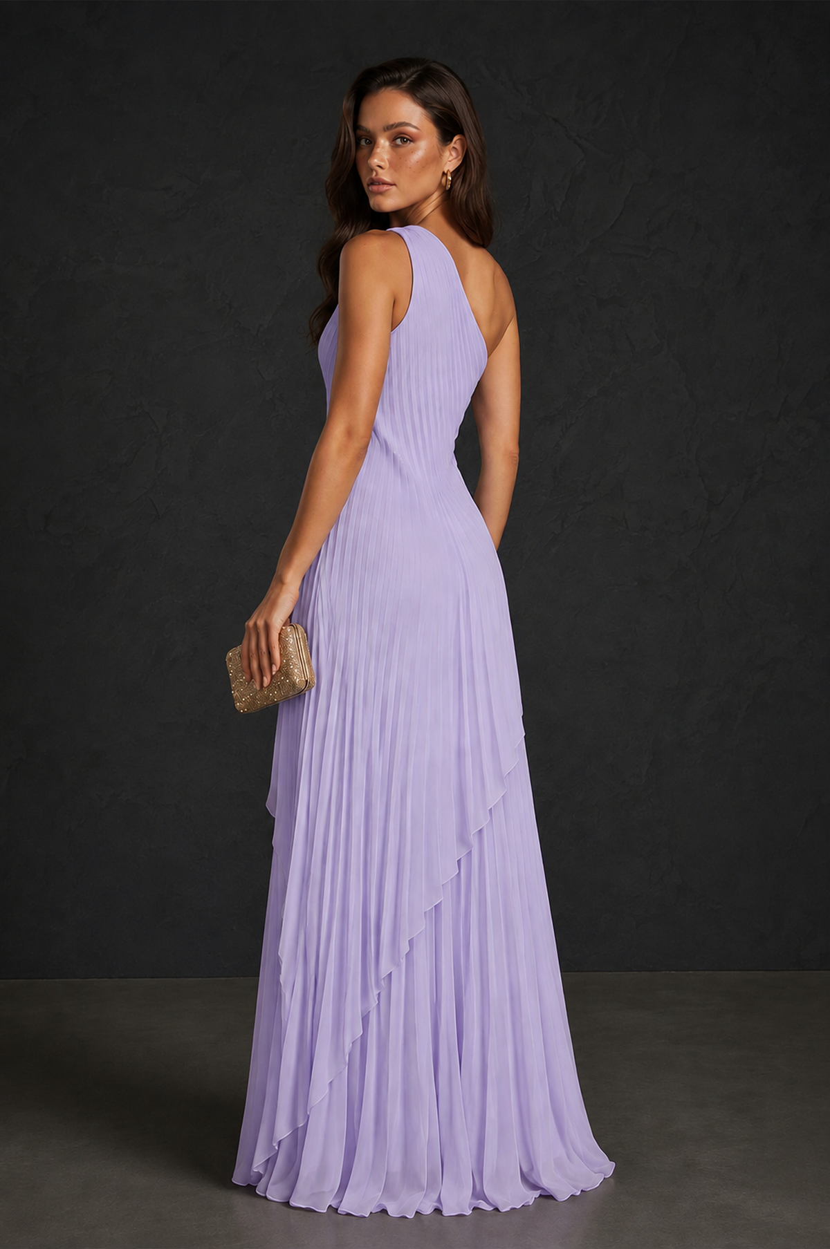 BOLODOO Lilac One-Shoulder Sunburst Pleated Asymmetric Layered Overlay Accordion Pleated Chiffon Maxi Dress - Lilac