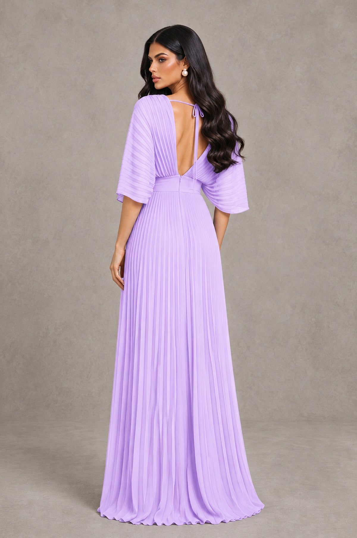 BOLODOO Lilac V-Neck Pleated Flutter Sleeve Formal Dress - Lilac - Lilac_2