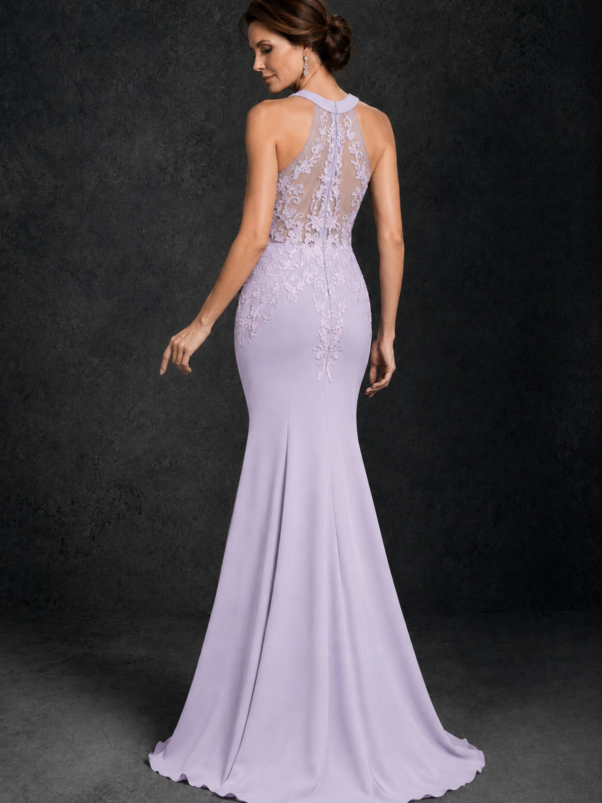 BOLODOO Lilac Lace Applique Halter Neck Sheer Back Mermaid Maxi Dress with Sweep Train - Lilac