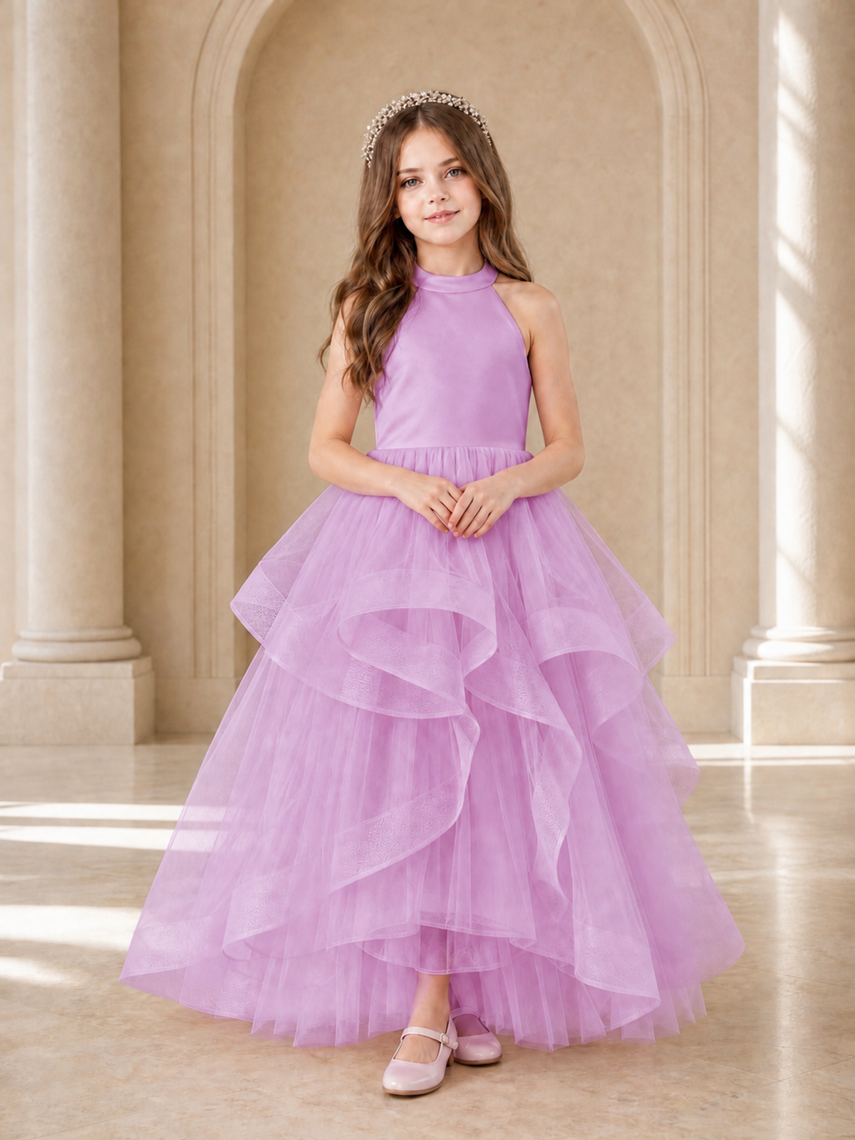 BOLODOO Lilac Halter Tiered Tulle Flower Girl Dress with Bow Back - Lilac - Lilac_2