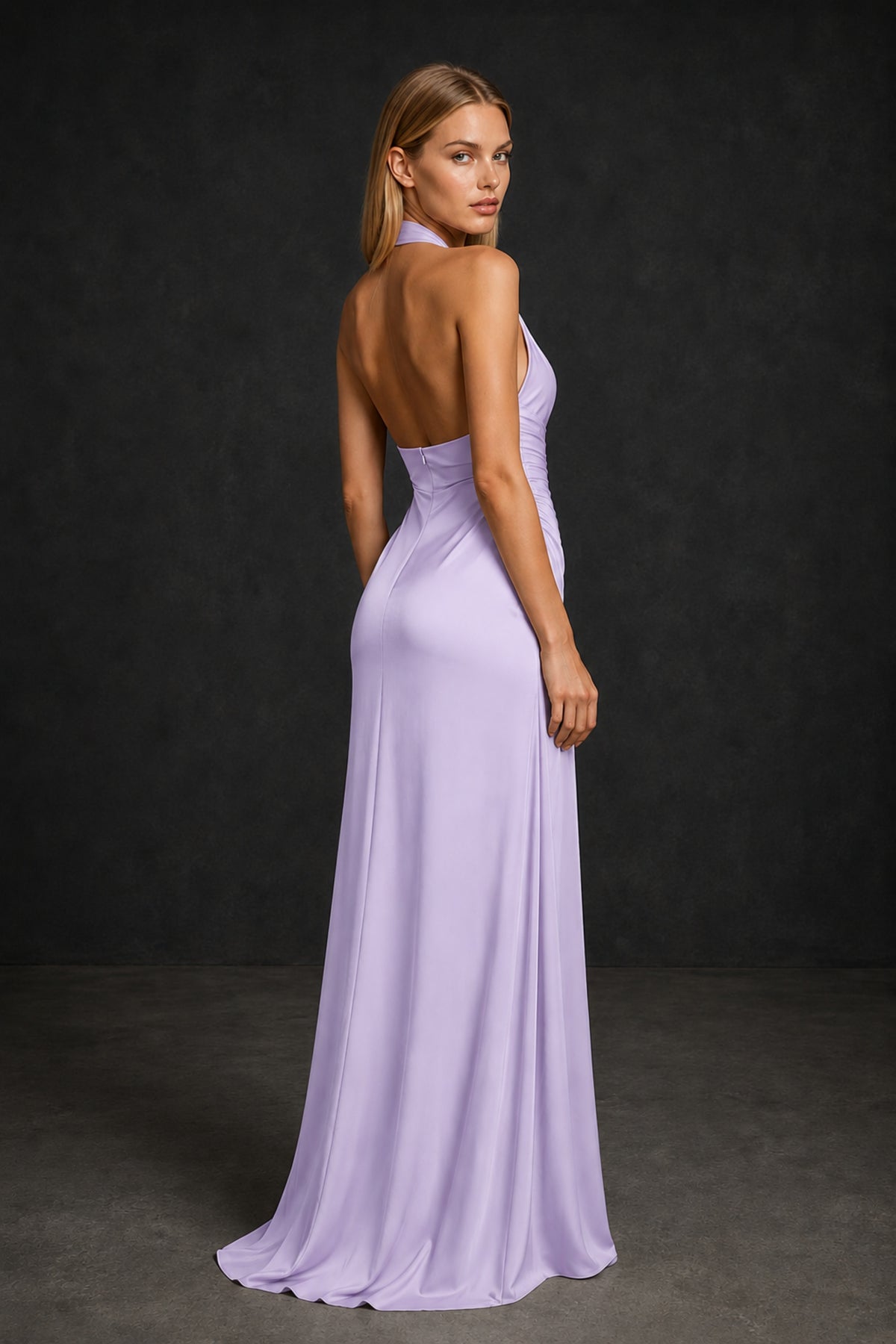 BOLODOO Lilac Twisted Halter Neck Ruched Sleeveless Open Back Floor-Length Gown - Lilac
