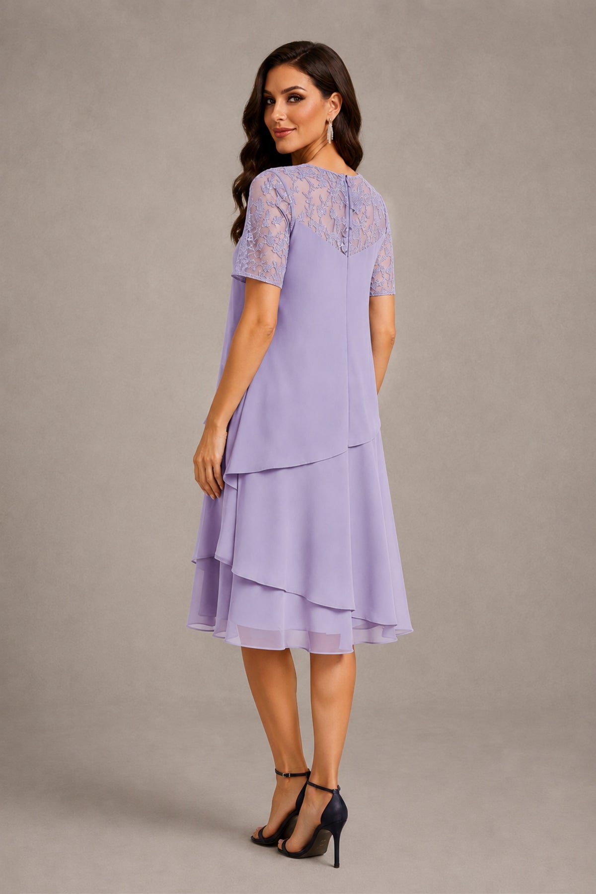 BOLODOO Lilac Illusion Lace Short Sleeve Tiered Chiffon Tea Length Dress | Mother of the Bride Midi Dress - Lilac