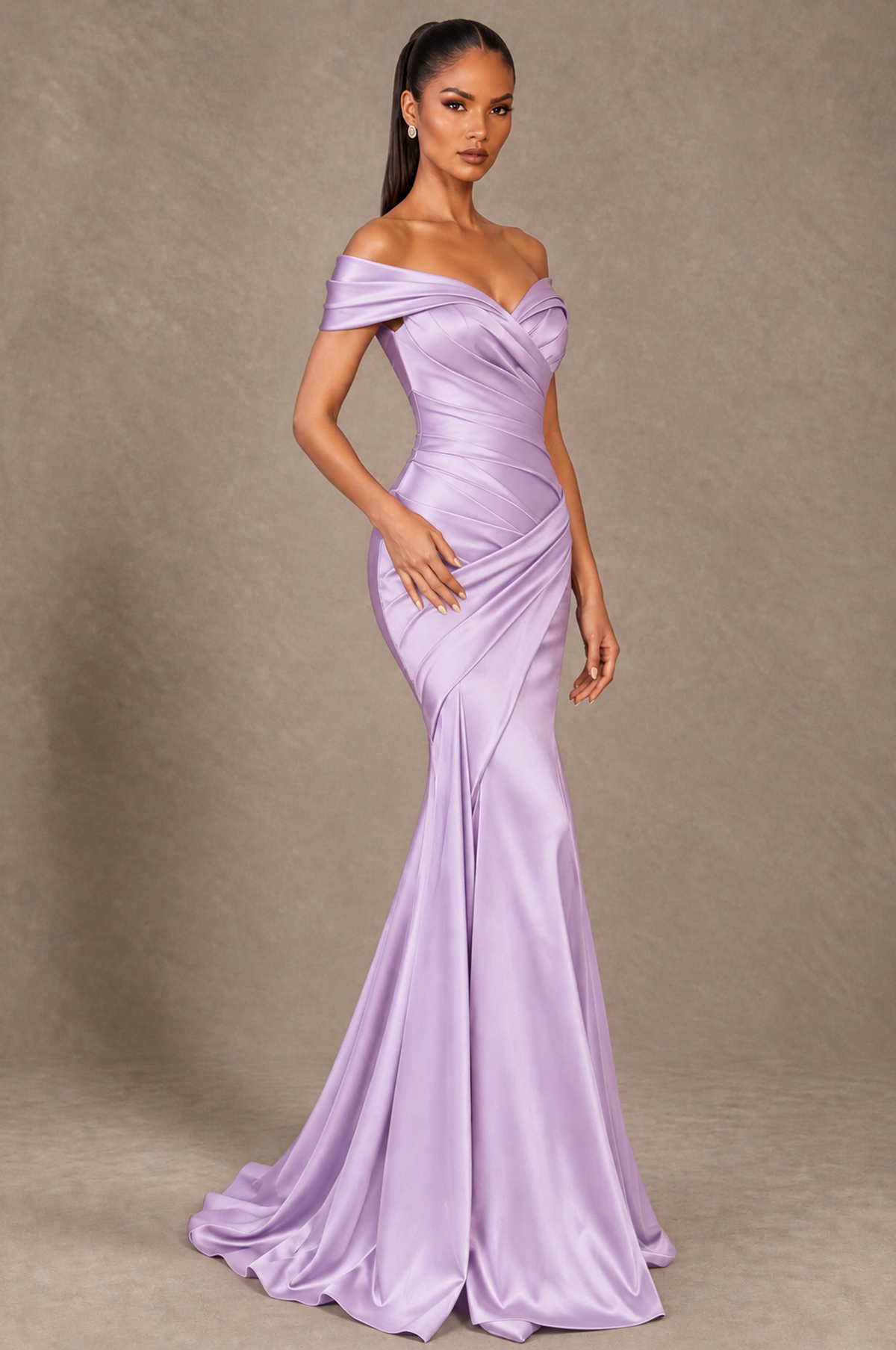 BOLODOO Lilac Off-the-Shoulder Ruched Satin Mermaid Evening Dress - Lilac - Lilac_2