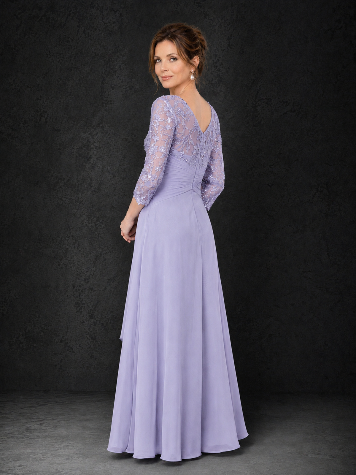 BOLODOO Lilac Sequin Lace & Chiffon Tea-Length Mother of the Bride Dress with 3/4 Sleeves - Lilac