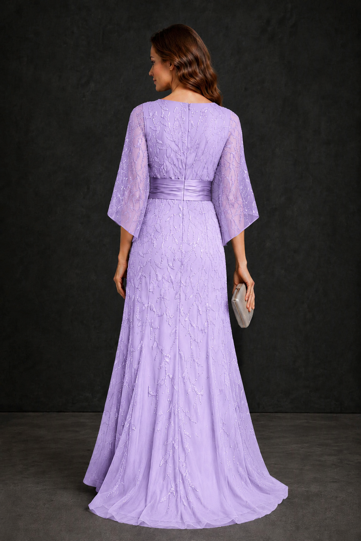 BOLODOO Lilac Bateau Neck Bell Sleeve Sequin Embroidered Satin Waist A-Line Maxi Dress - Lilac - Lilac_2