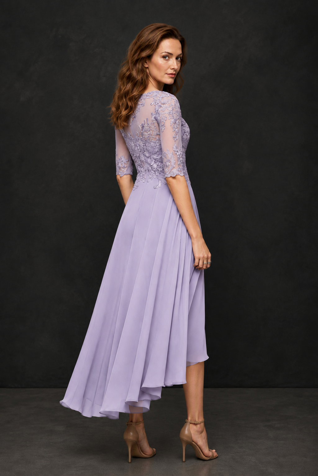 BOLODOO Lilac Illusion Lace 3/4 Sleeve Hi-Lo Chiffon A-Line Dress | Mother of the Bride Tea Length Dress - Lilac
