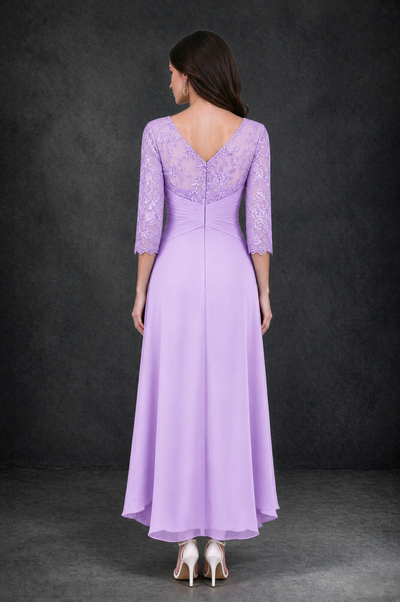 BOLODOO Lilac Sequin Lace & Chiffon Tea-Length Mother of the Bride Dress with 3/4 Sleeves - Lilac - Lilac_2
