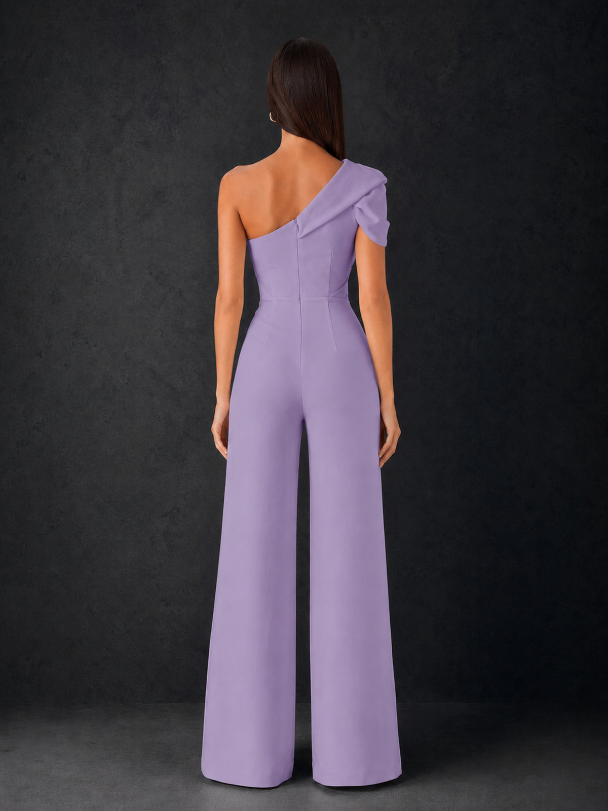 BOLODOO Lilac One-Shoulder Puff Sleeve Wide-Leg Jumpsuit with Front Slit and Open Back - Lilac