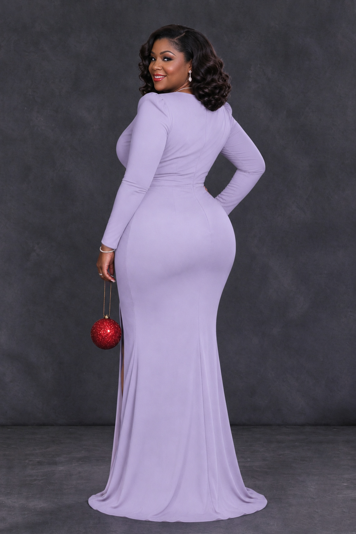 BOLODOO Lilac Plus Size Long Sleeve V-Neck Mother of the Bride Dress with Slit - Lilac - Lilac_2