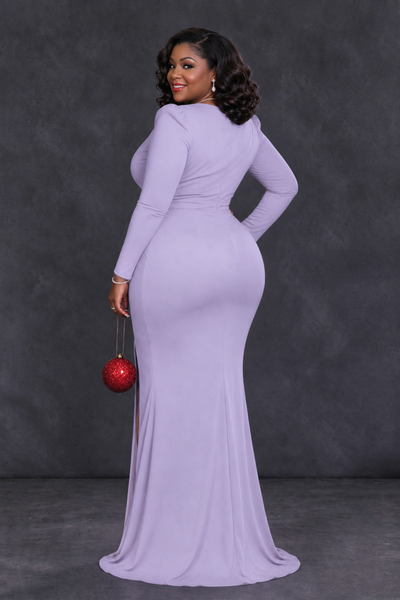 BOLODOO Lilac Plus Size Long Sleeve V-Neck Mother of the Bride Dress with Slit - Lilac - Lilac_2