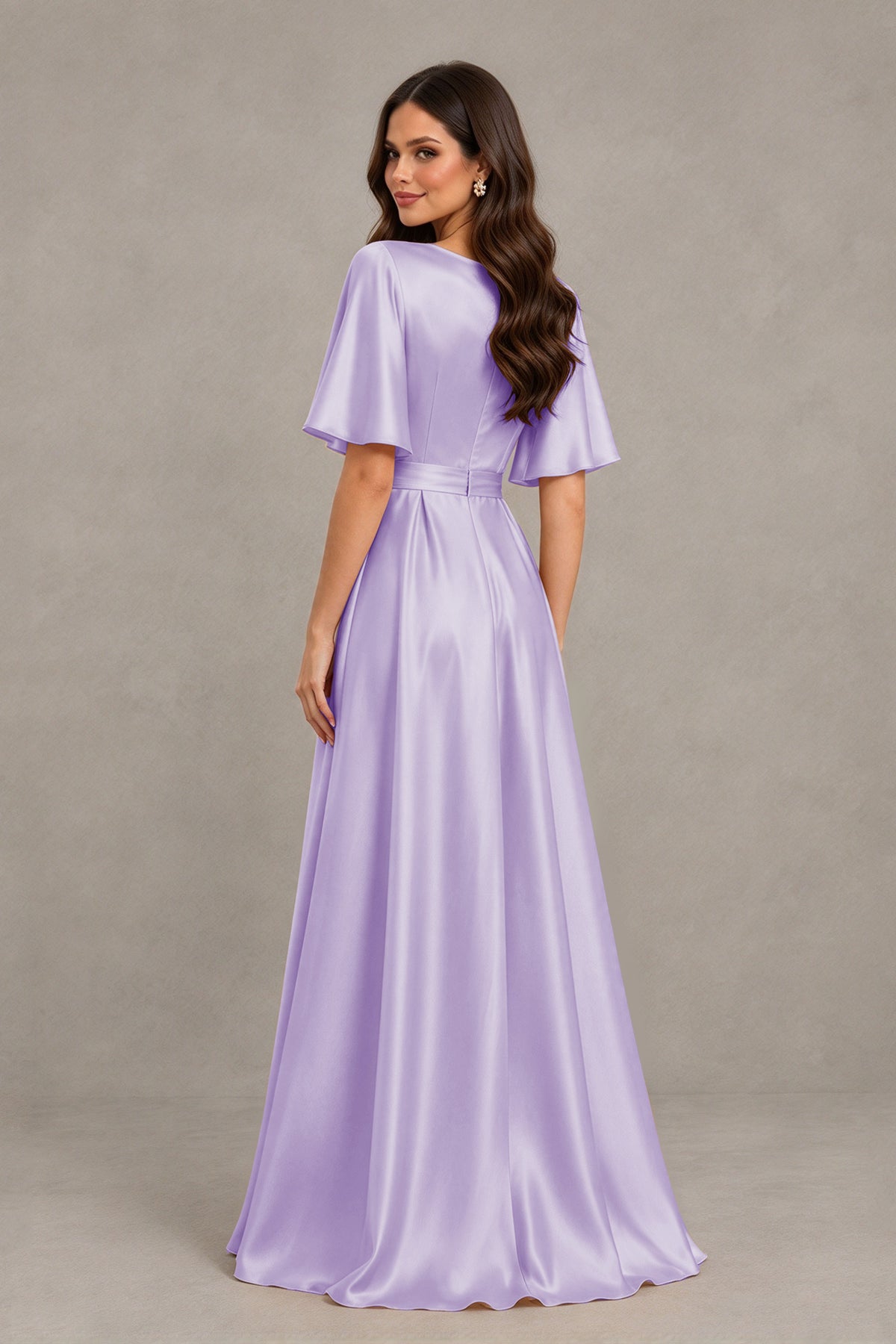 BOLODOO Lilac Satin V-Neck Flutter Sleeve Bridesmaid Dress with Slit - Lilac - Lilac(2)