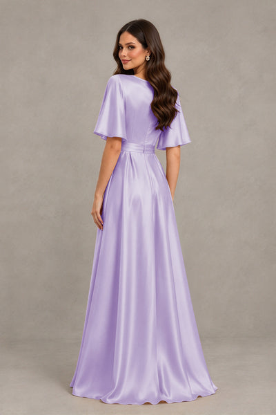 BOLODOO Lilac Satin V-Neck Flutter Sleeve Bridesmaid Dress with Slit - Lilac - Lilac(2)