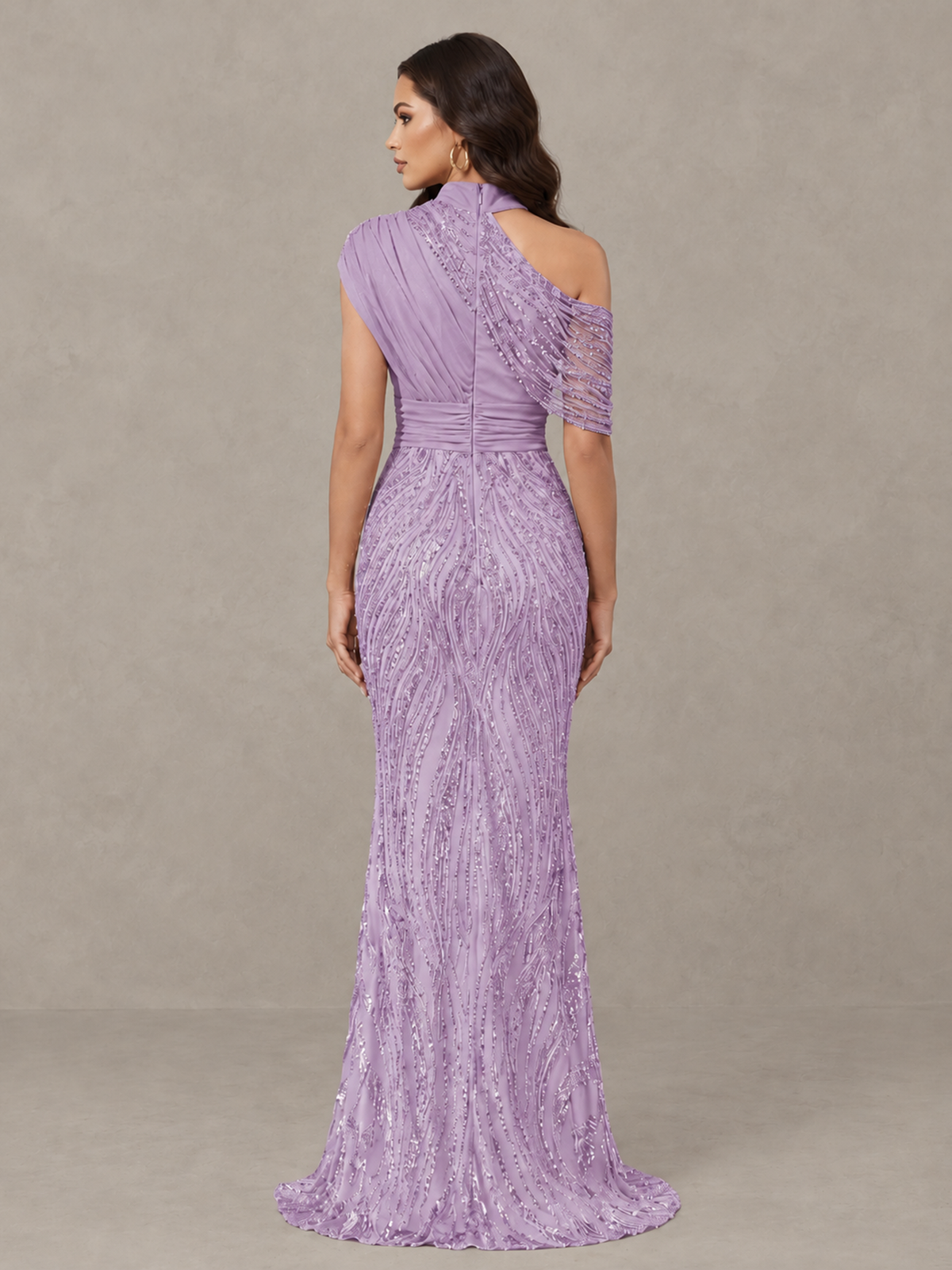 BOLODOO Lilac High Neck Draped Sequin Mermaid Evening Gown - Lilac - Lilac_2