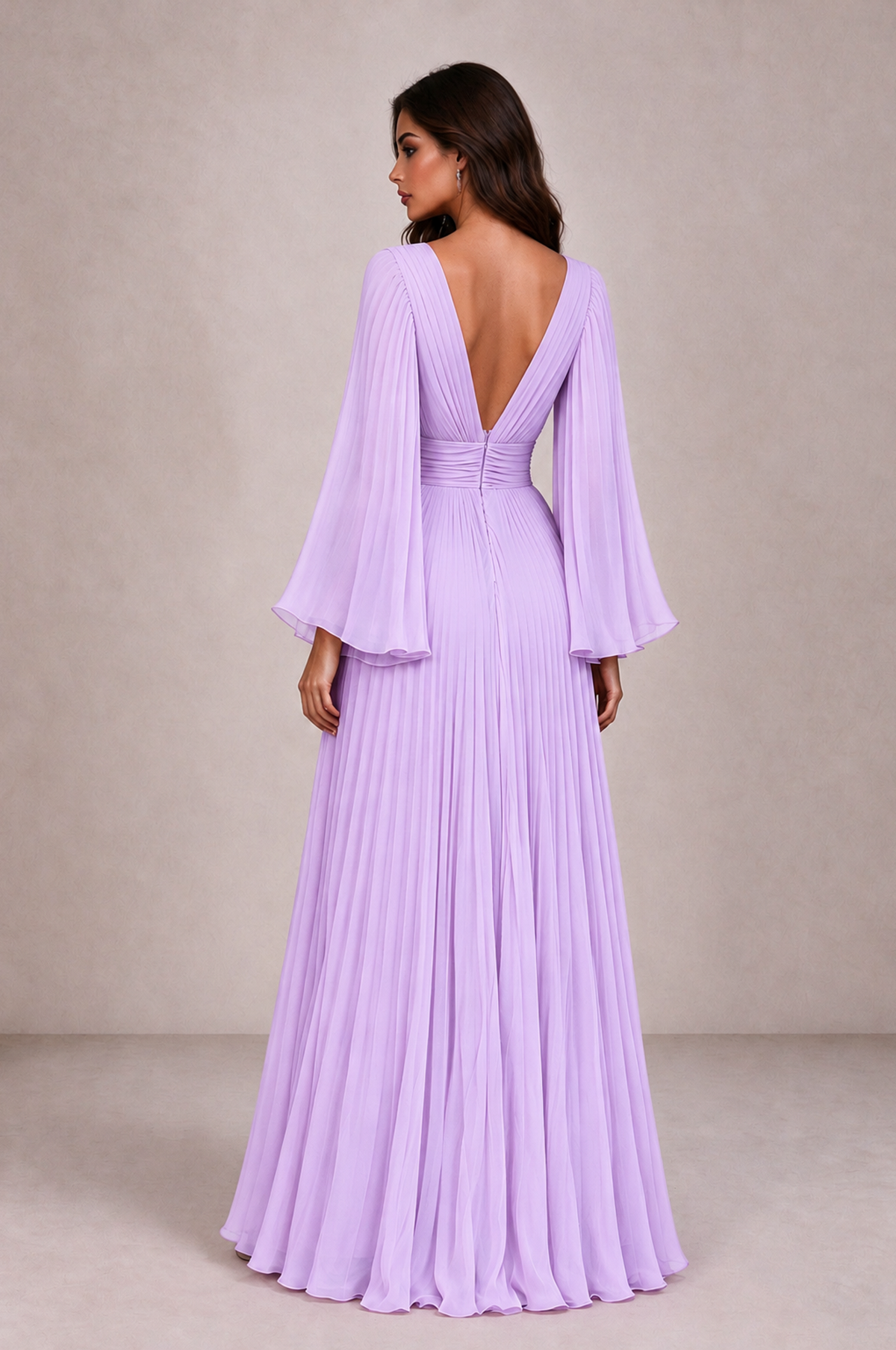 BOLODOO Lilac Pleated Deep V-Neck Long Bell Sleeve Evening Dress - Lilac - Lilac_2