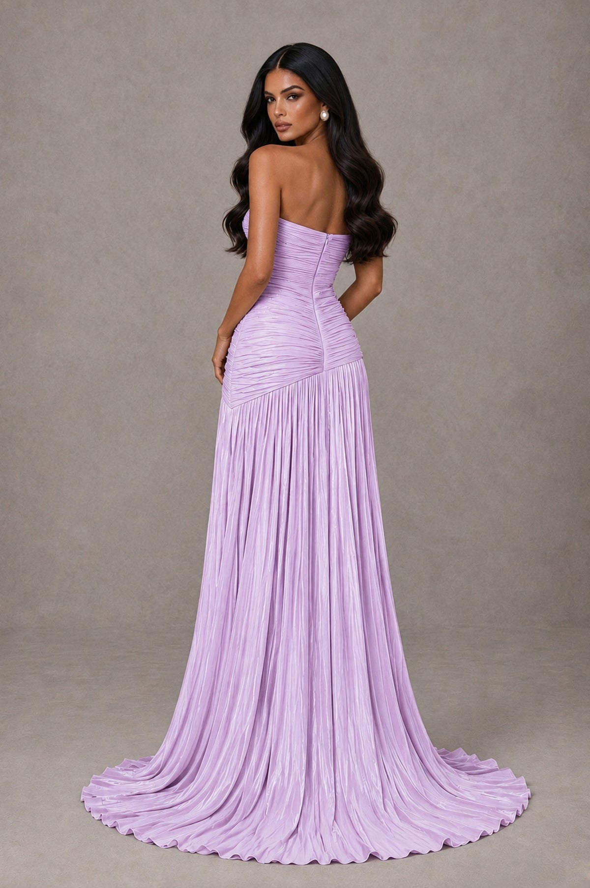 BOLODOO Lilac Metallic Ruched Strapless Pleated A-Line Backless Maxi Dress with Train - Lilac - Lilac_2