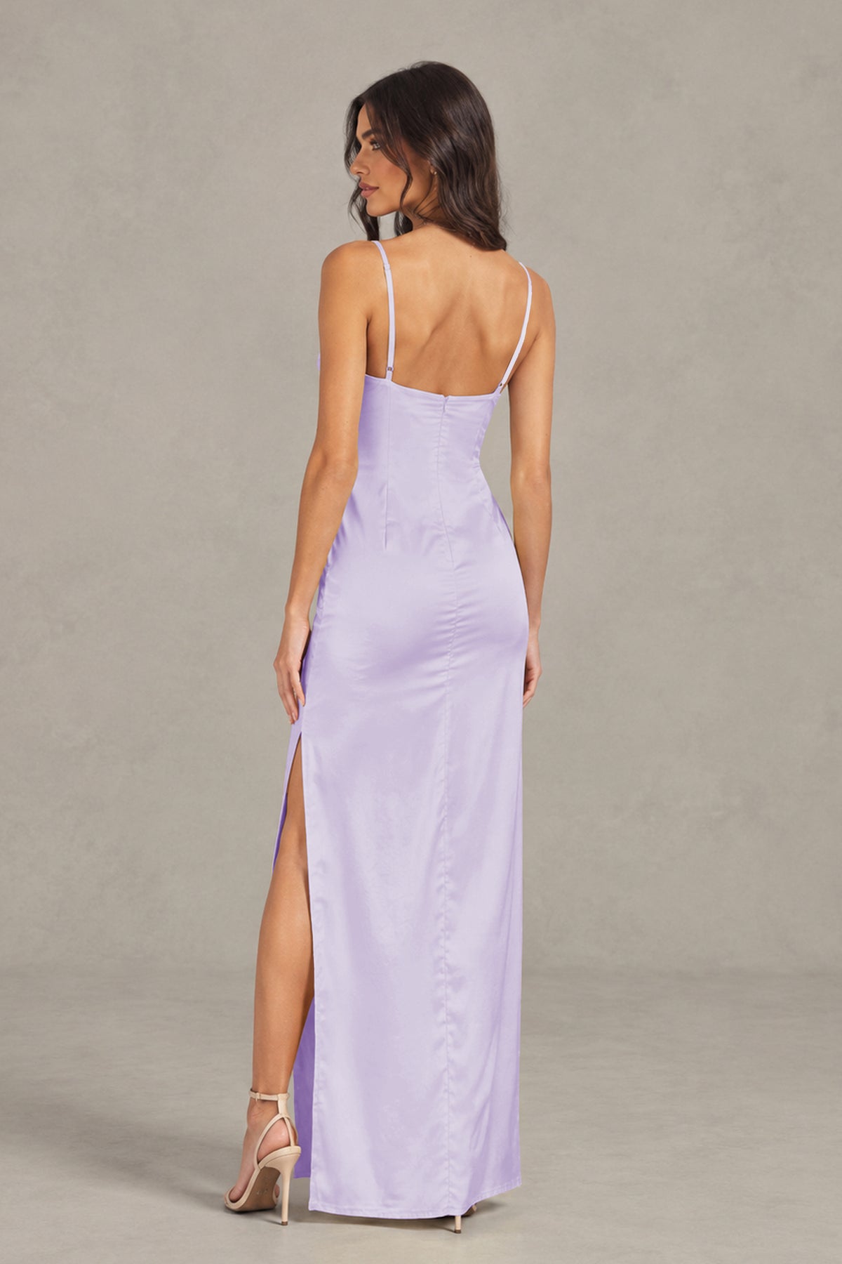 BOLODOO Lilac Satin Cowl Neck Open Back Mermaid Maxi Dress with Side Slit - Lilac