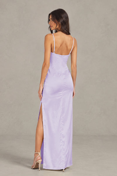 BOLODOO Lilac Satin Cowl Neck Open Back Mermaid Maxi Dress with Side Slit - Lilac
