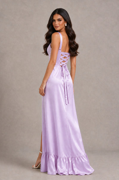 BOLODOO Lilac Square Neck Satin Evening Dress with Lace-Up Back and High Slit - Lilac - Lilac_2