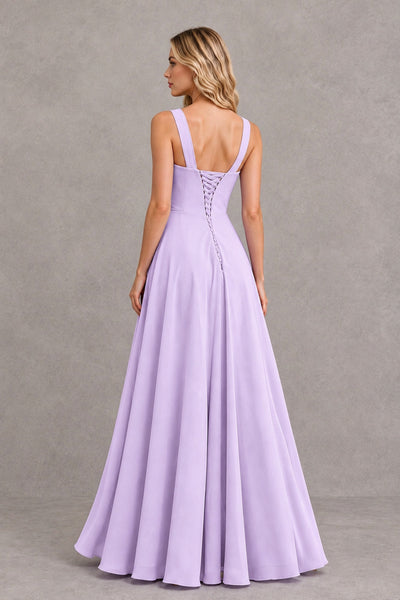 BOLODOO Lilac Square Neck Ruffle A-Line Bridesmaid Dress with Slit - Lilac - Lilac_2