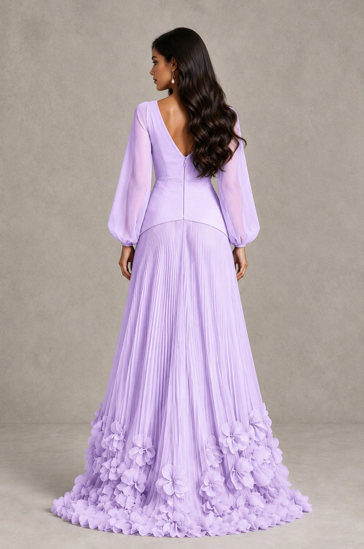 BOLODOO Lilac V-Neck Long Sleeve Pleated Floral Hem Evening Dress - Lilac - Lilac_2
