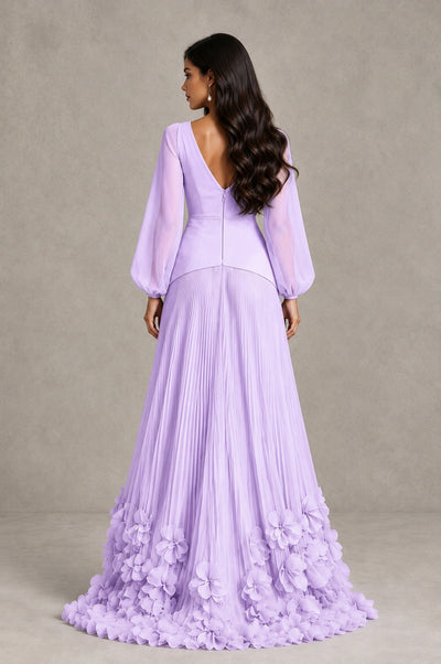 BOLODOO Lilac V-Neck Long Sleeve Pleated Floral Hem Evening Dress - Lilac - Lilac_2