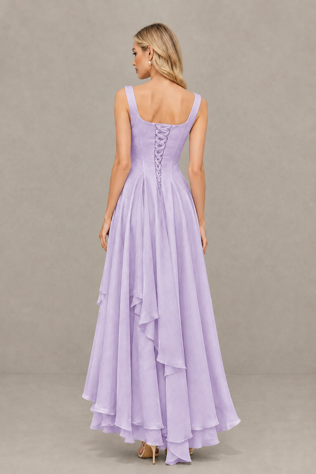 BOLODOO Lilac Square Neck Chiffon Bridesmaid Dress with Lace-Up Back - Lilac
