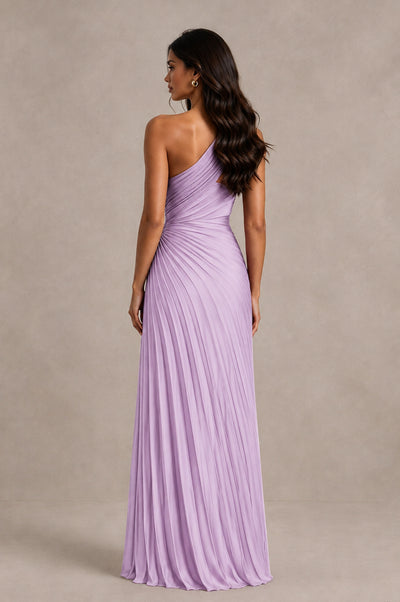 BOLODOO Lilac One Shoulder Pleated Evening Dress with Ruched Waist and High Slit - Lilac - Lilac_2