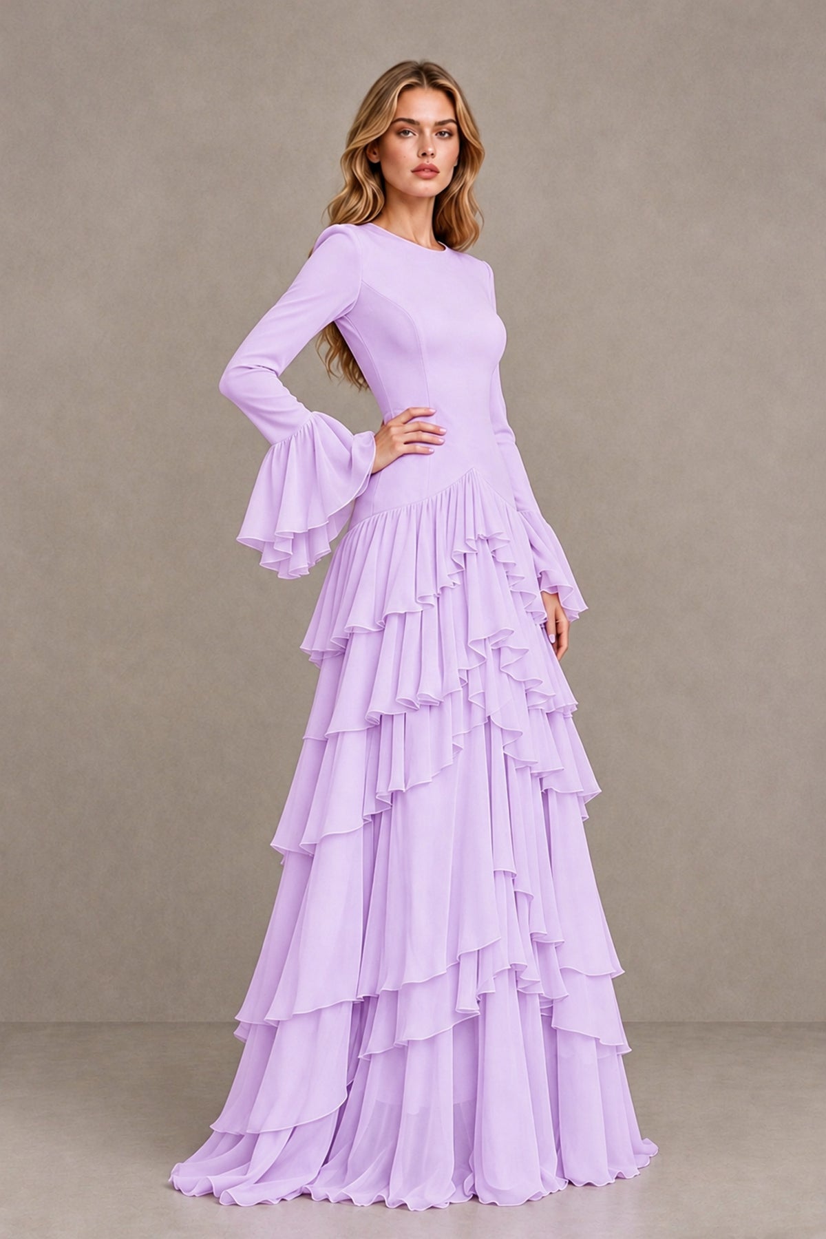 Lilac Long Sleeve Tiered Ruffle Evening Gown - Lilac - Lilac_3