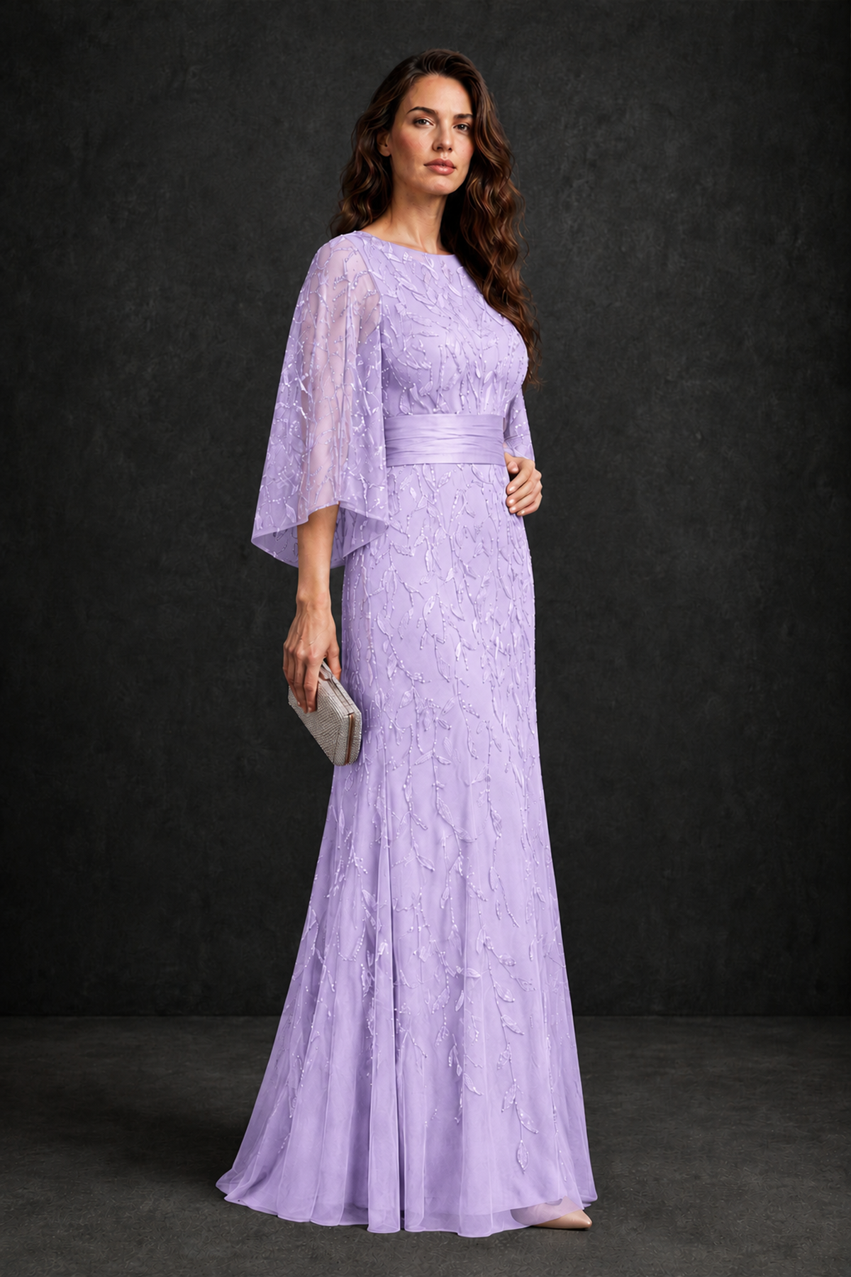 BOLODOO Lilac Bateau Neck Bell Sleeve Sequin Embroidered Satin Waist A-Line Maxi Dress - Lilac - Lilac_3