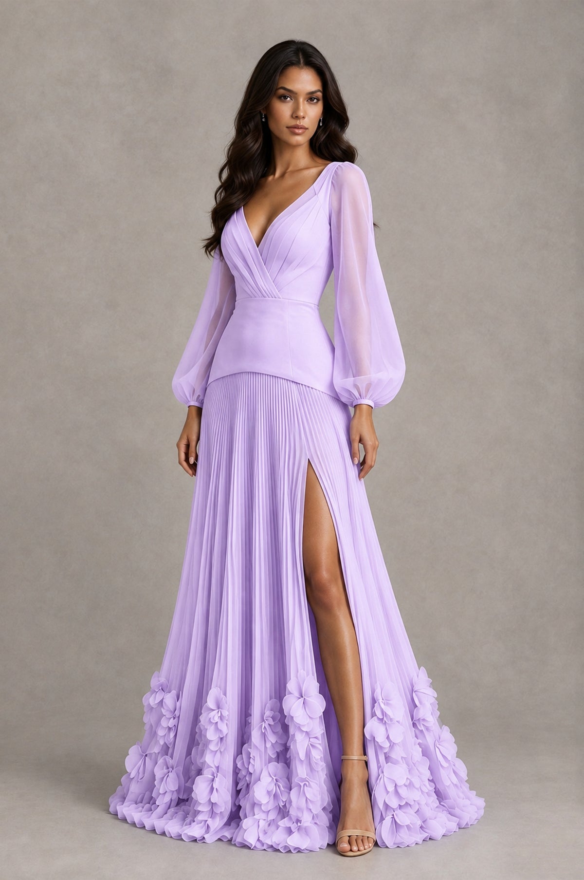 BOLODOO Lilac V-Neck Long Sleeve Pleated Floral Hem Evening Dress - Lilac - Lilac_3
