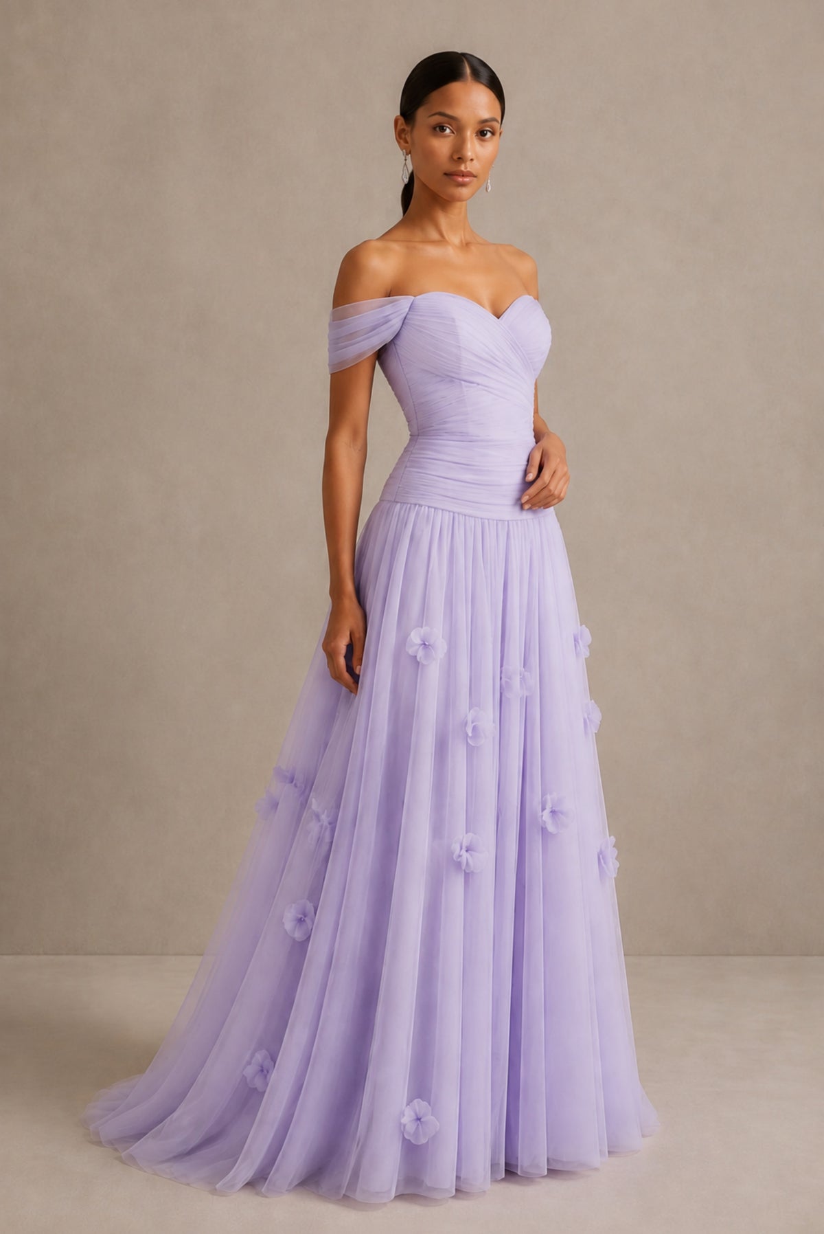 Lilac Off-Shoulder Sweetheart A-Line Tulle Gown with 3D Floral Appliques | BOLODOO - Lilac