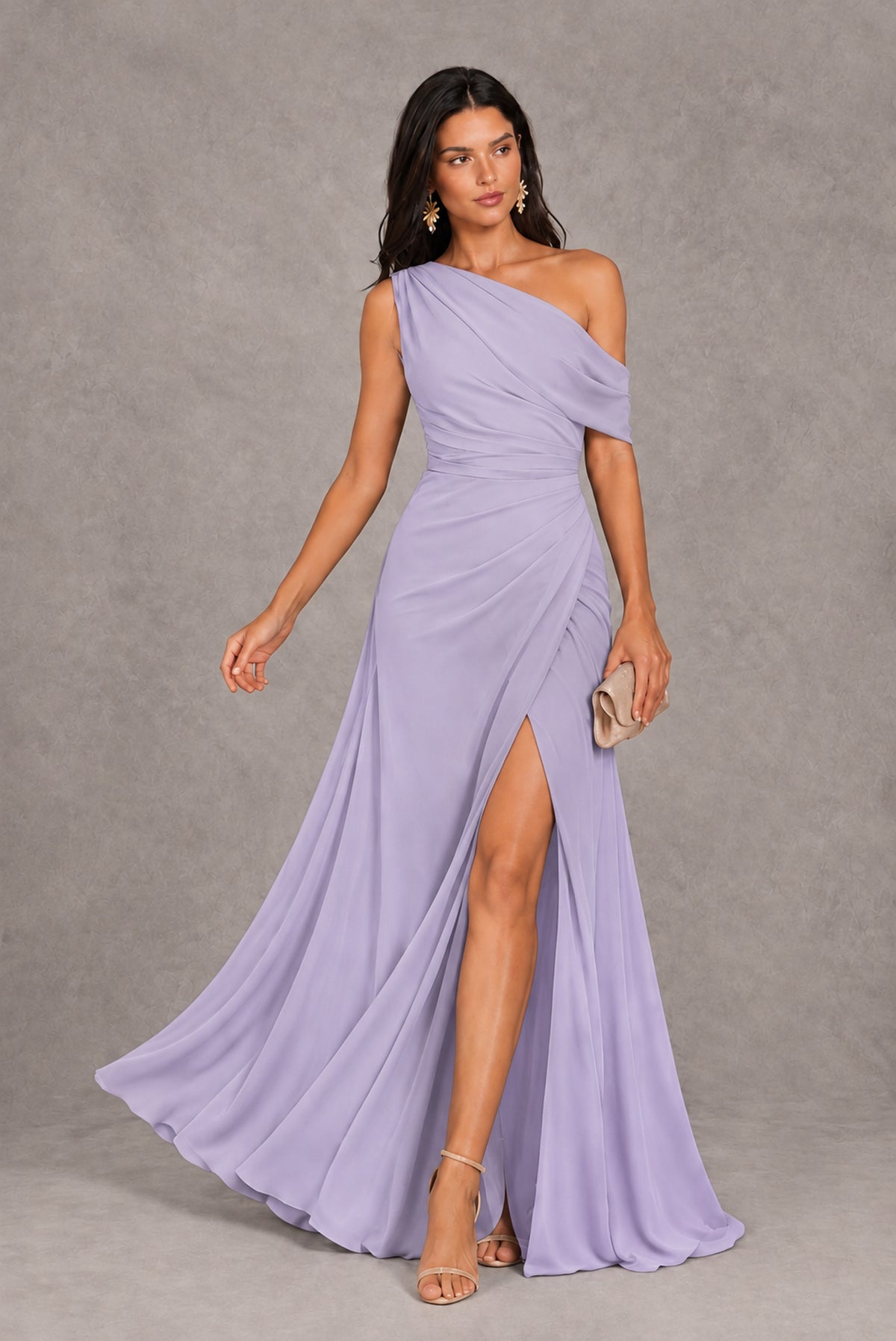 Lilac One-Shoulder Floor-Length Evening Gown with High Slit - Lilac