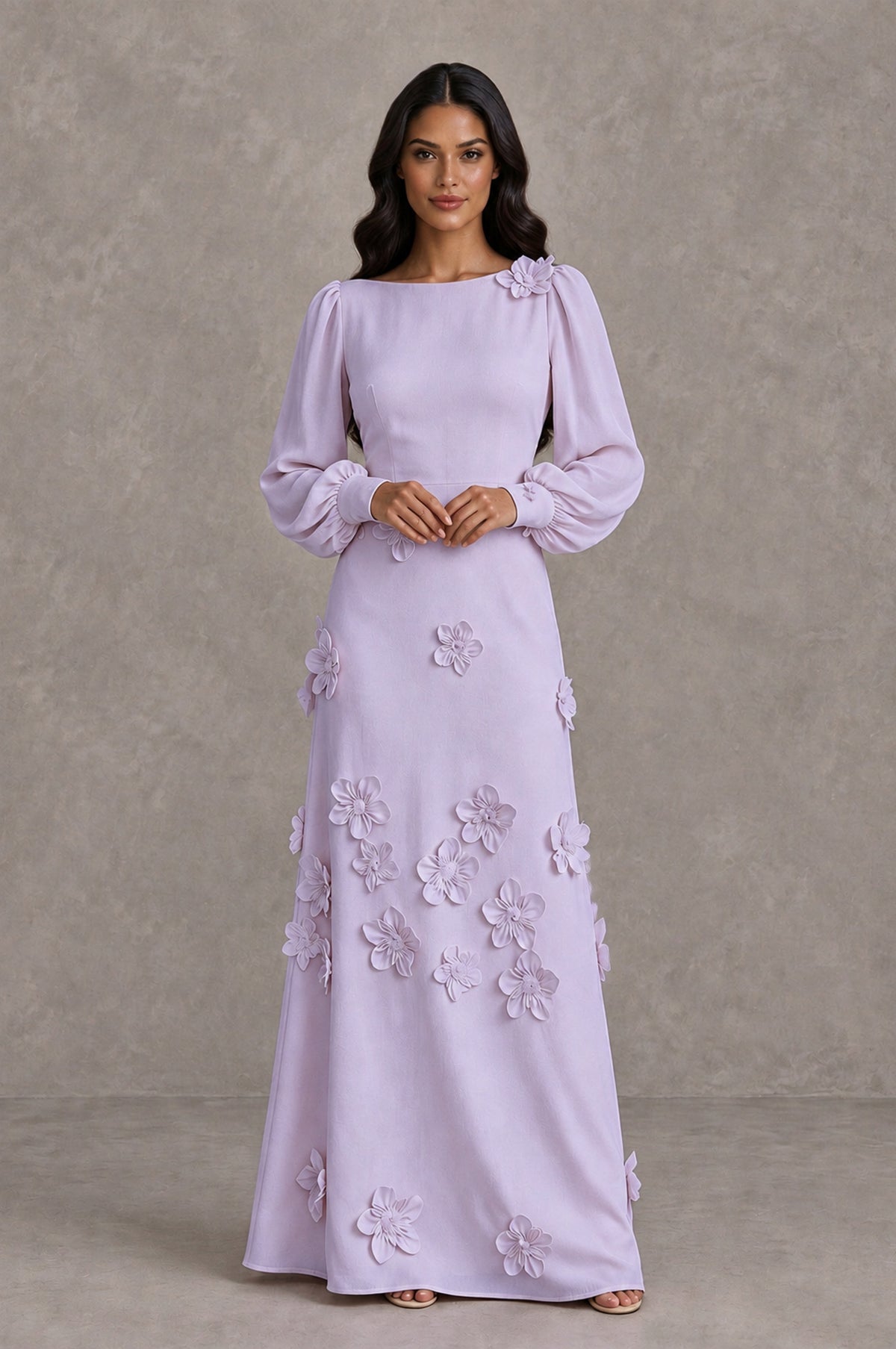 BOLODOO Lilac Long Sleeve Floral Applique A-Line Evening Dress - Lilac - Lilac_3