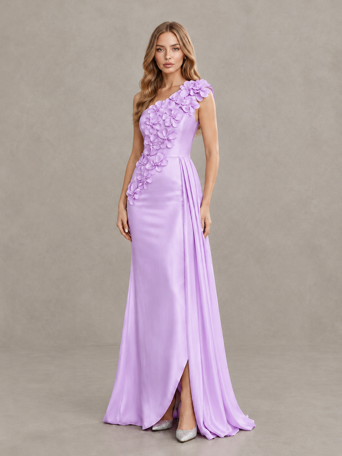 BOLODOO Lilac One-Shoulder Satin Mermaid Evening Gown with 3D Floral Appliqué - Lilac - Lilac_3
