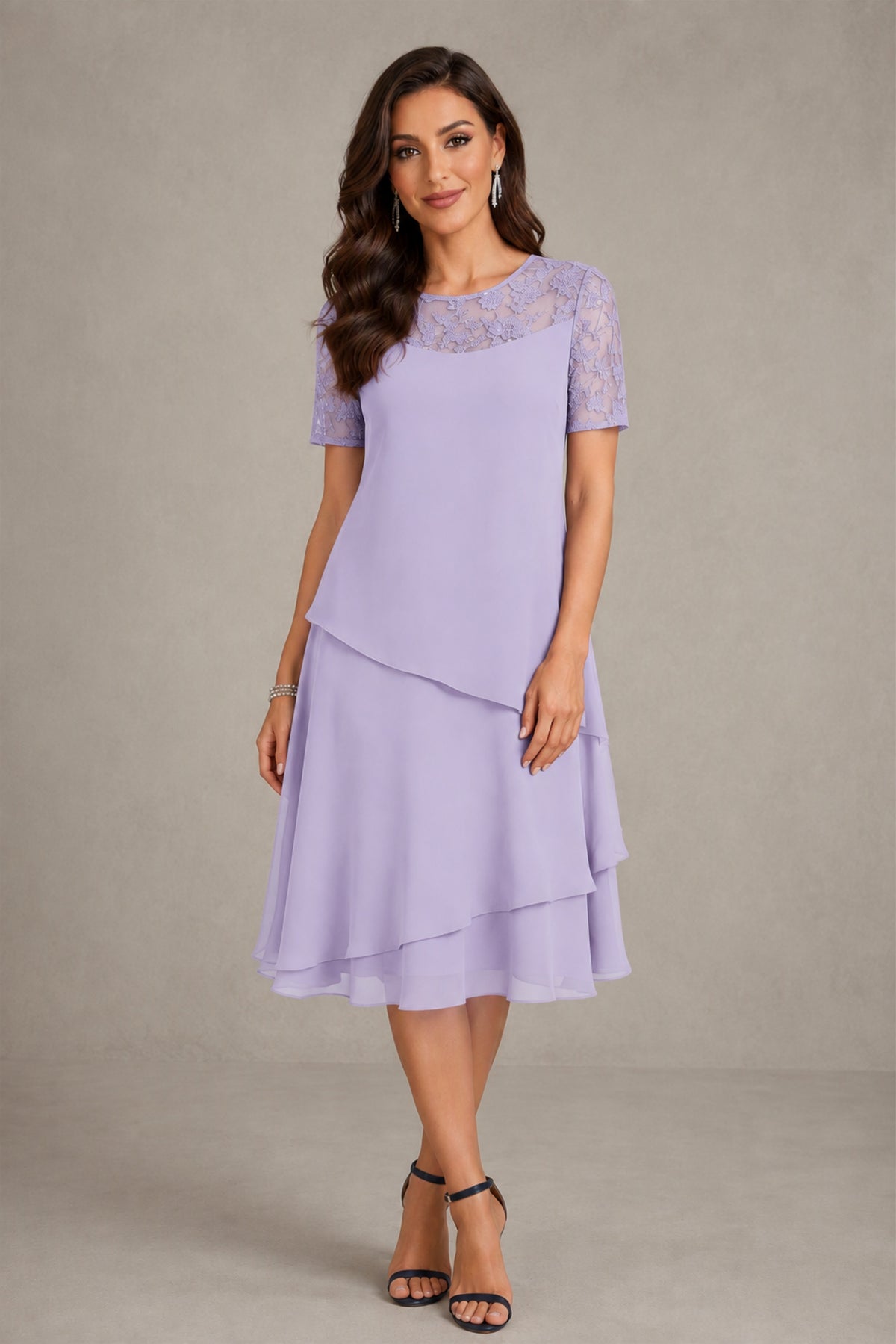 BOLODOO Lilac Illusion Lace Short Sleeve Tiered Chiffon Tea Length Dress | Mother of the Bride Midi Dress - Lilac